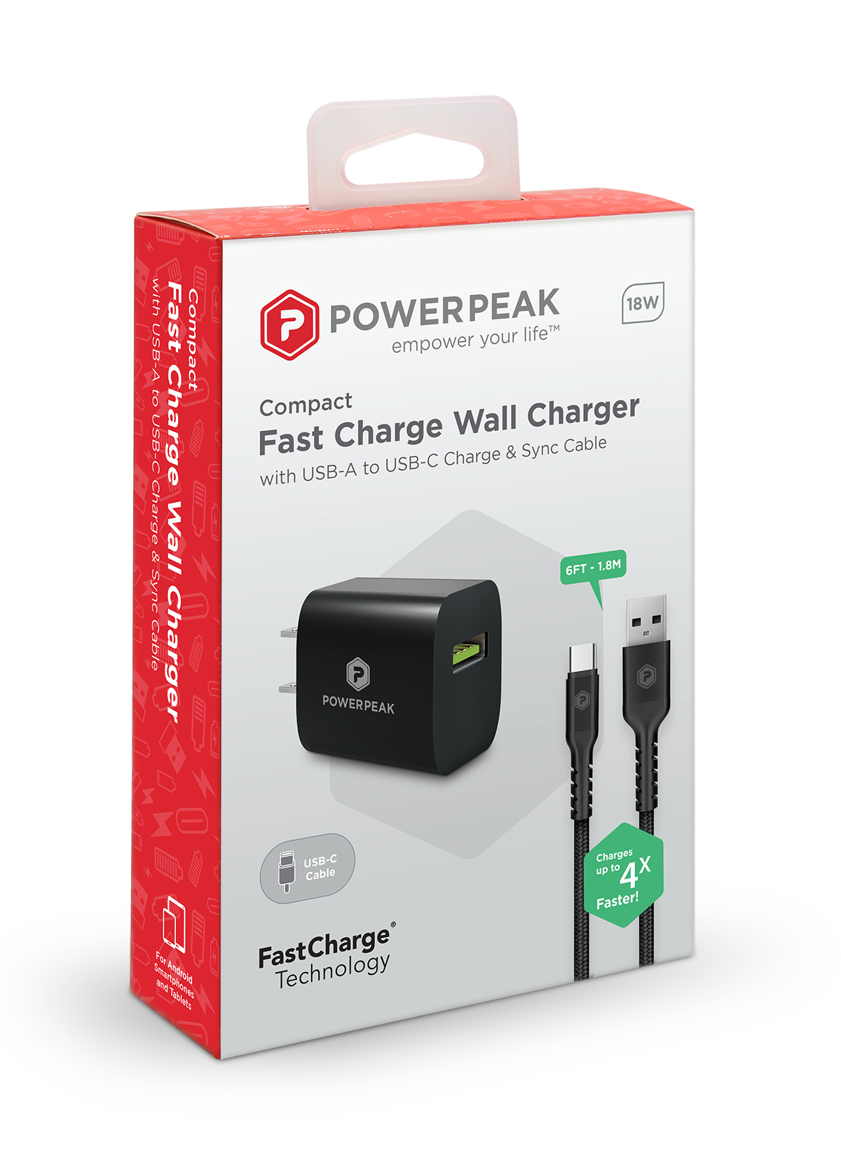 PowerPeak Quick Charge 18W USB To C Wall Charger with 6ft. braided